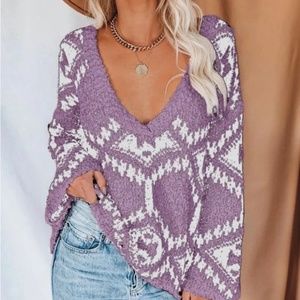 Knit Fuzzy Distressed V Neck Sweater Purple